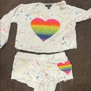 Flowers by Zoe (FBZ) Sweatshirt/Short Set with Rainbow Heart Design